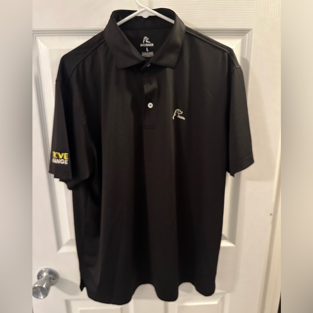 Rhoback black “drive change” polo LARGE